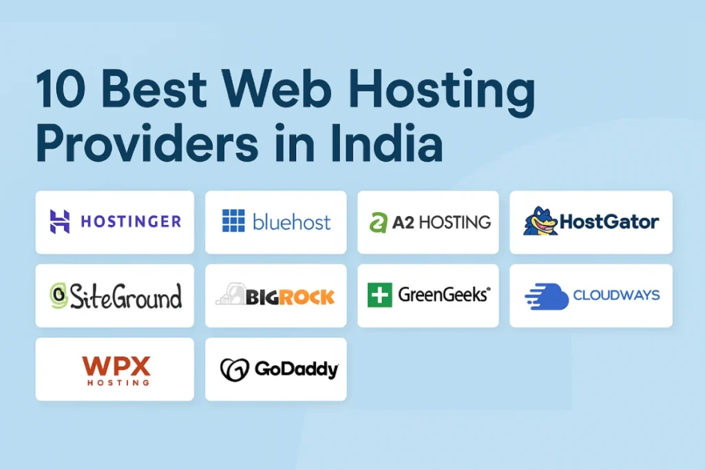 10 Best Web Hosting Providers in India with Logos – Hostinger, Bluehost, SiteGround, GoDaddy & More